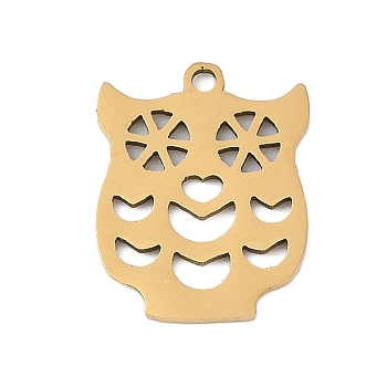 201 Stainless Steel Pendants, Owl Charms, Real 18K Gold Plated, 17x13.5x1mm, Hole: 1.4mm