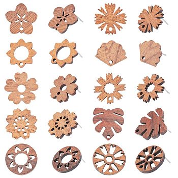 20Pcs 10 Styles Walnut Wood Stud Earring Findings, with 316 Stainless Steel Pin and Hole, Flower & Fan & Donut, Tan, 13.5~20x17~18mm, Hole: 1.6~1.8mm, Pin: 0.7mm, 2Pcs/style