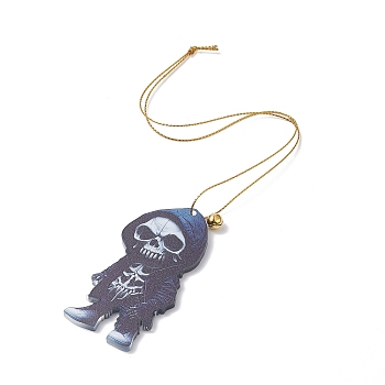 Acrylic Halloween Style Big Pendants with Brass Bell and Nylon Cord, Skeleton, Royal Blue, 316x0.9mm