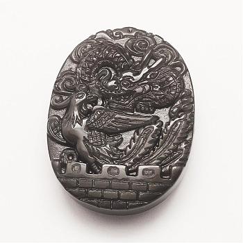Carved Natural Obsidian Pendants, Flat Oval with Dragon and Phoenix, 44x34x8~12mm, Hole: 1.5mm
