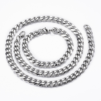 304 Stainless Steel Chain Necklaces and Bracelets Jewelry Sets, with Lobster Claw Clasps, Stainless Steel Color, 23.62 inch(60cm), 220mm