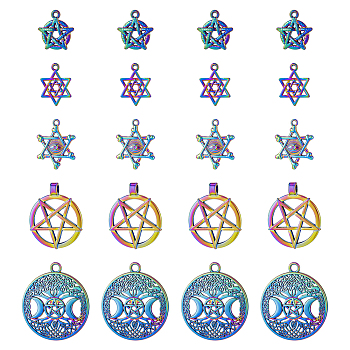 CHGCRAFT 20Pcs 5 Style Plated Alloy Pendants, Cadmium Free & Lead Free, Pentacle & Star of David with Eye & Flat Round with Moon & Star, Rainbow Color, 19~38.5x16~34x2~6mm, Hole: 1.6~4mm, 4pcs/style