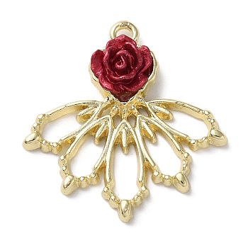 Opaque Resin Rose Pendants, Flower Charms with Golden Plated Alloy Findings, FireBrick, 30x29x6mm, Hole: 2mm