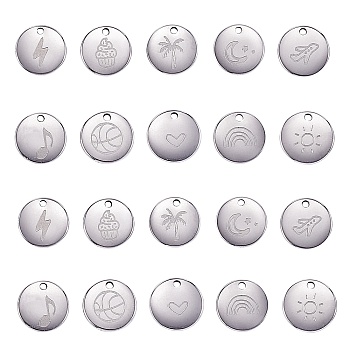 10Pcs 10 Style 304 Stainless Steel Charms, Flat Round, Stainless Steel Color, 11.5x1mm, Hole: 1.5mm, 1pc/style