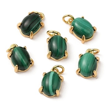 Natural Malachite Dyed Oval Charms, with Rack Plating Brass Findings and Jump Ring, Cadmium Free & Lead Free, Real 18K Gold Plated, 10x7x5mm, Hole: 2.5mm
