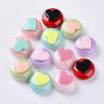 Opaque Acrylic Cabochons, Hair Findings, for DIY Elastic Hair Tie Accessories Making, Flat Round with Heart, Two Tone, Flat Round with Heart, Mixed Color, 25x13~14mm, Inner Size: 20x7mm