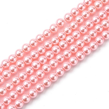 Eco-Friendly Grade A Glass Pearl Beads, Pearlized, Round, Pearl Pink, 6mm, Hole: 1.2~1.5mm, about 68pcs/Strand, 16''(40.64cm)