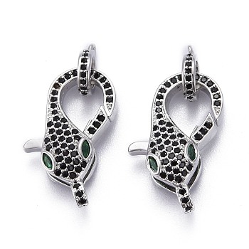 Brass Micro Pave Black & Green Cubic Zirconia Lobster Claw Clasp, Long-Lasting Plated, with Jump Rings, Snake Shape, Real Platinum Plated, 23x12.5x7mm