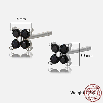 Platinum Rhodium Plated Sterling Silver Flower Stud Earrings, with Cubic Zirconia, with S925 Stamp, Black, 4x4mm