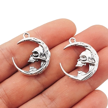 Tibetan Style Alloy Pendant, Moon with Skull, Antique Silver, 27x23mm