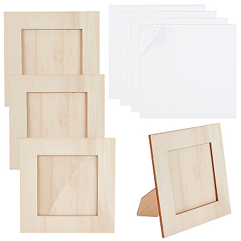 4Pcs Unfinished Natural Wood Photo Frames, Table Top Picture Frames, for Arts and Crafts DIY Painting Projects, with 4Pcs Custom Transparent PVC Picture Frame Hard Sheets, Square Pattern, Frame: 160x160x7mm, Inner Diameter: 100x100mm, Sheet: 105x105x0.3mm