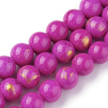 Natural Jade Beads Strands, with Gold Foil, Dyed, Round, Magenta, 4mm, Hole: 1mm, about 92~95pcs/strand ,14.96 inch(38cm)