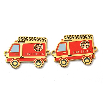 304 Stainless Steel Enamel Connector Charms, Vehicle Links, Fire Truck, Red, Real 14K Gold Plated, 18.5x26x1.5mm, Hole: 1.6mm