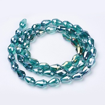 Electroplate Glass Beads Strands, AB Color Plated, Faceted Teardrop, Cyan, 15x10mm, Hole: 1mm, 50pcs/strand, 27.1 inch