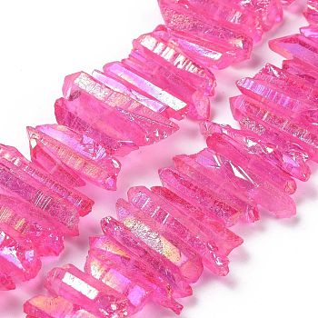 Natural Quartz Crystal Points Beads Strands, Dyed, Nuggets, Deep Pink, 15~30x4~8x4~7mm, Hole: 1mm, 8 inch
