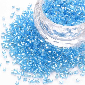 Glass Bugle Beads, Transparent Colours Luster, Light Sky Blue, 2.5~3x2mm, Hole: 0.9mm, about 15000pcs/pound