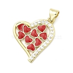 Brass Micro Pave Cubic Zirconia Pendants, Heart Charms, with Enamel, Cadmium Free & Lead Free, Rack Plating, Long-Lasting Plated, Real 18K Gold Plated, Red, 20x18.5x1.5mm, Hole: 3x4.2mm(KK-A278-16G-01)