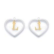 201 Stainless Steel Pendants, Hollow, Heart with Letter A~Z, Real Gold Plated & Stainless Steel Color, Letter.L, 29x29.5x1mm, Hole: 2mm, A~Z: 12x8~10.5x1mm(STAS-N090-LA894-L-P)