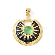 Cat Eye Pendants, Flat Round with Sun, with Brass & Enamel, Rack Plating, Long-Lasting Plated, Cadmium Free & Lead Free, Real 18K Gold Plated, Light Green, 26x23x6mm, Hole: 4x3.5mm(KK-P294-42G-02)