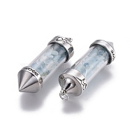 Natural Aquamarine Big Pointed Pendants, Dowsing Pendulum Pendants Making, with Alloy Findings, Bullet, Antique Silver, 57x17mm, Hole: 4mm(G-E516-B01-1)