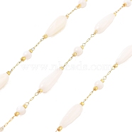 Ion Plating(IP) 304 Stainless Steel Paperclip Chains, Soldered, with Shell Beads, Teardrop, Real 18K Gold Plated, 15.5x5mm, about 16.40 Feet(5m)/Roll(CHS-P018-09G)