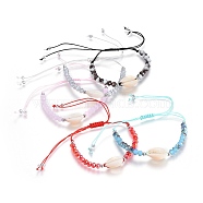 Nylon Cord Braided Bead Bracelets, with Electroplate Glass Faceted Rondelle Beads and Shell, Platinum, Mixed Color, 1-3/4 inch(4.5cm)~4-1/4 inch(10.8cm)(BJEW-JB04100)