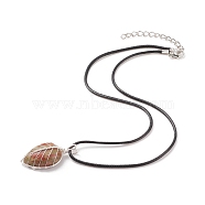 Natural Unakite Leaf Cage Pendant Necklace with Waxed Cords, Gemstone Jewelry for Women, 17.32 inch(44cm)(NJEW-TA00035-03)