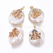 Natural Cultured Freshwater Pearl Pendants, with Brass Micro Pave Cubic Zirconia Findings, Nuggets with Leaf, Golden, Mixed Color, 17~26x11~16x5~11mm, Hole: 1.6~2mm(PEAR-L027-57)