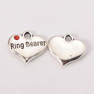 Wedding Theme Antique Silver Tone Tibetan Style Heart with Ring Bearer Rhinestone Charms, Hyacinth, 14x16x3mm, Hole: 2mm(X-TIBEP-N005-15D)