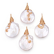 Natural Baroque Pearl Keshi Pearl Pendants, Flat Round Cultured Freshwater Pearl Charms with Brass Wire Wrapped, Lead Free & Nickel Free & Cadmium Free, Long-Lasting Plated, Real 18K Gold Plated, 40~49x26~27x9~13mm, Hole: 4.5~7x3~4.5mm(PEAR-N020-L38)