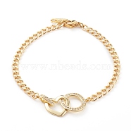 Brass Micro Pave Clear Cubic Zirconia Link Bracelets, with 304 Stainless Steel Curb Chains, Heart with Ring, Golden, 7-7/8 inch(20cm)(BJEW-JB06105-01)