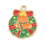 Christmas Theme Alloy Enamel Pendants, Light Gold, Christmas Wreath, 23.5x20x1.2mm, Hole: 2mm(ENAM-I060-01J)