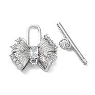 Brass Pave Clear Cubic Zirconia Toggle Clasps, with Glass, Bowknot, Real Platinum Plated, Bar: 4.5x21x2mm, Hole: 1.4mm, Bowknot: 20.5x19x5mm, hole: 1.5mm(KK-G474-04P)