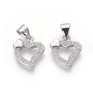 Brass Micro Pave Cubic Zirconia Charms, Lead Free & Cadmium Free, Clear, Heart, Platinum, 13x12x2mm, Hole: 3.5x5mm(ZIRC-J021-08P-RS)