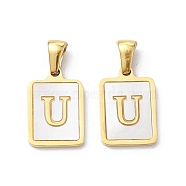 Ion Plating(IP) 304 Stainless Steel Pave Shell Pendants, Rectangle Charm, Real 18K Gold Plated, Letter U, 17.5x12x1.5mm, Hole: 3x5mm(STAS-G327-01G-U)