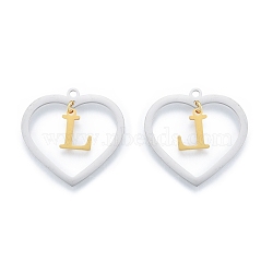 201 Stainless Steel Pendants, Hollow, Heart with Letter A~Z, Real Gold Plated & Stainless Steel Color, Letter.L, 29x29.5x1mm, Hole: 2mm, A~Z: 12x8~10.5x1mm(STAS-N090-LA894-L-P)