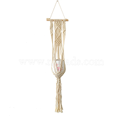Cotton Macrame Plant Hangers, Wood Holder Boho Style Hanging Planter Baskets, Wall Decorative Flower Pot Holder, Beige, 850x200mm(PW23011800534)