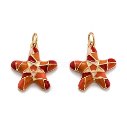 Brass Enamel Pendants, with Jump Ring, Long-Lasting Plated, Real 18K Gold Plated, Starfish, Coral, 18x16x3mm, Hole: 3.8mm(KK-O140-09G)