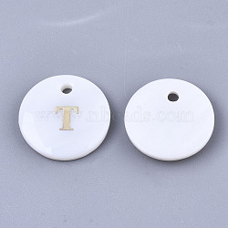 Natural White Shell Mother of Pearl Shell Charms, with Iron Sticker, Flat Round with Letter, Letter.T, 13x2mm, Hole: 1.5mm(X-SSHEL-N036-053T)