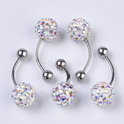 Stainless Steel Body Jewelry, Belly Rings, with Polymer Clay Rhinestones, Round Ball Curved Barbell Navel Rings, Crystal AB, 25~29.5x10mm, Bar Length: 1/2"(12mm), Pin: 17 Gauge(1.2mm), PP11(1.7~1.8mm)(AJEW-T007-01J)