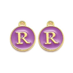 Golden Plated Alloy Enamel Charms, Enamelled Sequins, Flat Round with Alphabet, Letter.R, Purple, 14x12x2mm, Hole: 1.5mm(ENAM-Q437-12R)