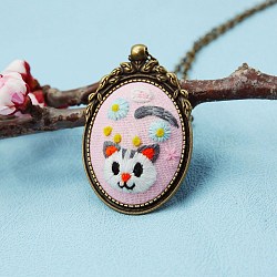 Cute Cat Handmade Pendant Necklace, Embroidery Sets, DIY Cartoon Embroidery Starter Creative Sweater Necklace Gift, Pink, 40x30mm(PW-WG88968-03)