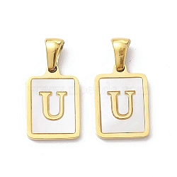 Ion Plating(IP) 304 Stainless Steel Pave Shell Pendants, Rectangle Charm, Real 18K Gold Plated, Letter U, 17.5x12x1.5mm, Hole: 3x5mm(STAS-G327-01G-U)