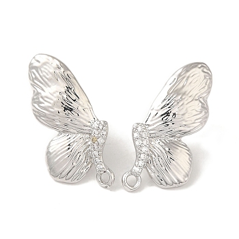 Brass Micro Pave Cubic Zirconia Studs Earrings Findings, Butterfly, Platinum, 27x17mm, Hole: 1.6mm, Pin: 11x0.7mm