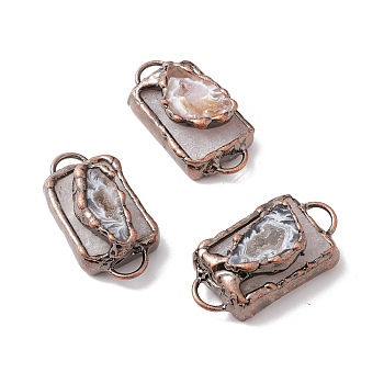Natural Druzy Agate Connector Charms, with Red Copper Tone Brass Findings, Rectangle, Cadmium Free & Lead Free, 45~47x23.5~25.5x13.5~14.5mm, Hole: 5x8mm