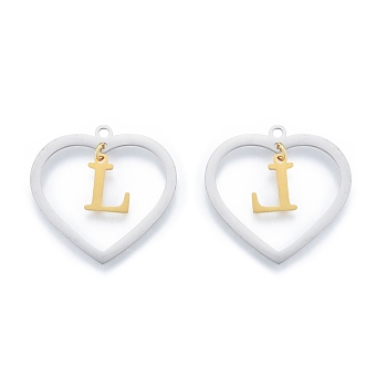 201 Stainless Steel Pendants, Hollow, Heart with Letter A~Z, Real Gold Plated & Stainless Steel Color, Letter.L, 29x29.5x1mm, Hole: 2mm, A~Z: 12x8~10.5x1mm