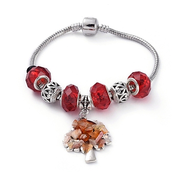 Brass European Style Bracelets, with Handmade Glass European Beads, Tibetan Style Alloy Pendants & Beads, Natural Carnelian(Dyed & Heated) Chip Beads, Tree, 7-1/2 inch(192mm)