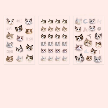 3 Sheets PVC Waterproof Decorative Kitten Stickers, Self-adhesive Cat Decals, for DIY Scrapbooking, Coffee, Packing: 150x95mm