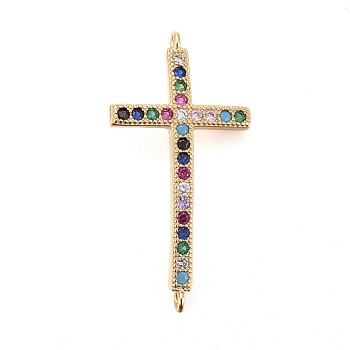 Brass Micro Pave Cubic Zirconia Links, Sideways Cross, Colorful, Golden, 29x15.5x2mm, Hole: 1mm