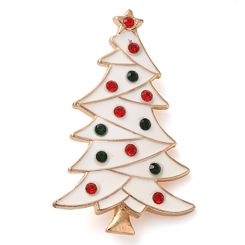 Christmas Theme Enamel Pins, Golden Alloy Rhinestones Brooches for Backpack Clothes, Christmas Tree, 46x28mm